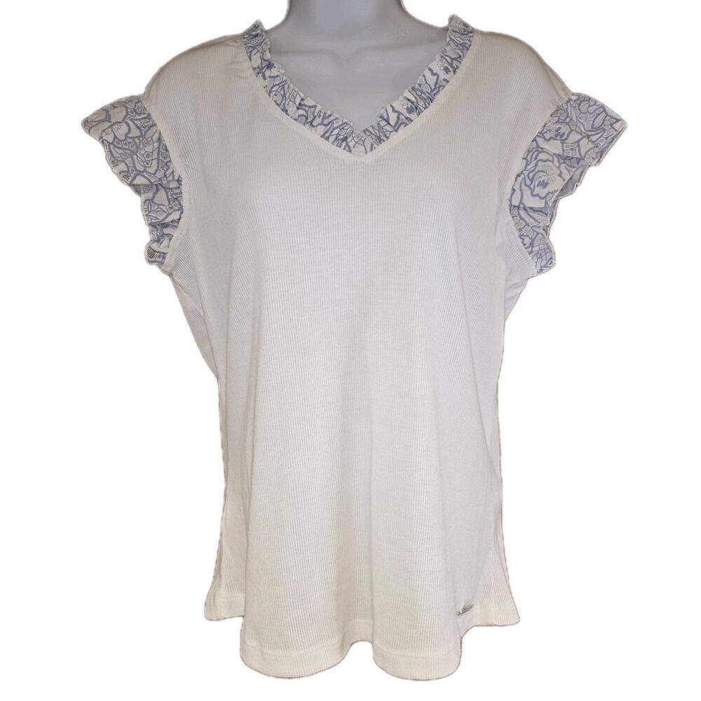 Nwt Badgley Mischka White Ruffle Vneck‎ Henley Sleeveless Top Sz M